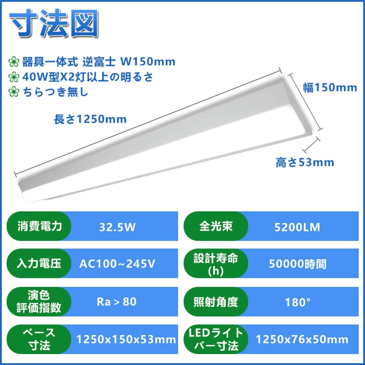【送料無料】逆富士型 LEDベースライト 器具一体型 40W型 125cm 5200LM 昼白色5000K LED蛍光灯2灯相当 天井直付 BASE-N32
