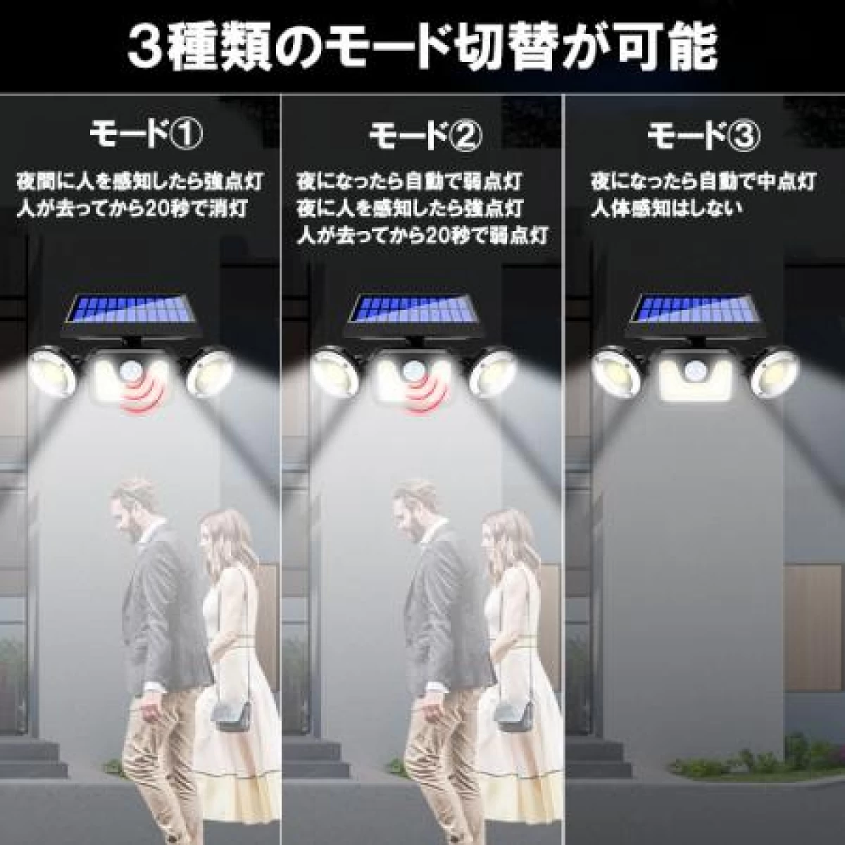 LED ソーラーライト 3灯タイプ 人感センサー 3モード点灯 SLS-3T